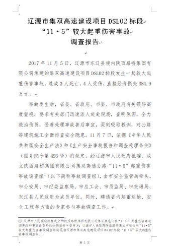 遼源市集雙高速建設(shè)項目DSL02標(biāo)段“11.5”較大起重傷害事故調(diào)查報告