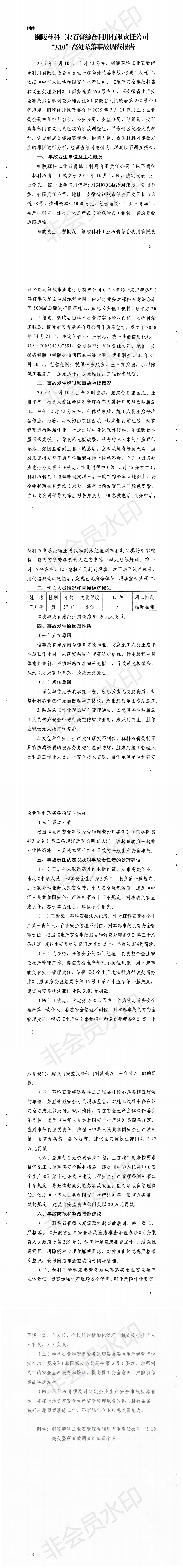 銅陵菻科工業(yè)石膏綜合利用有限責(zé)任公司“3.10”高處墜落事故調(diào)查報(bào)告