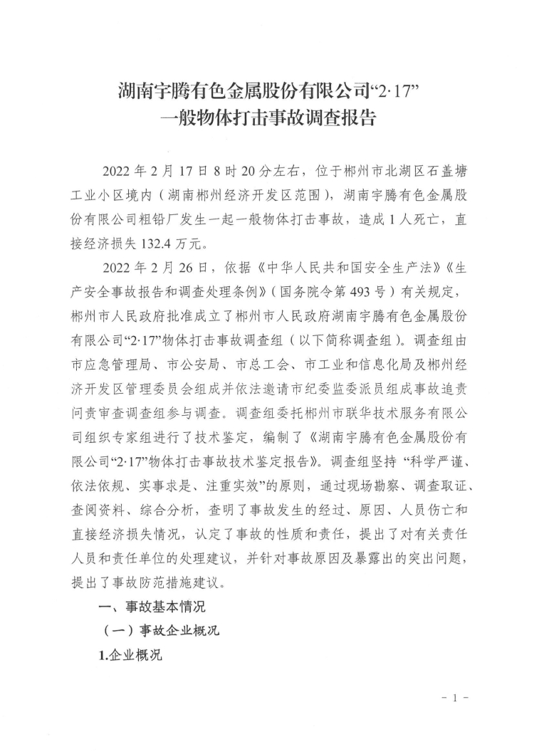湖南宇騰有色金屬股份有限公司“2·17”一般物體打擊事故調(diào)查報(bào)告