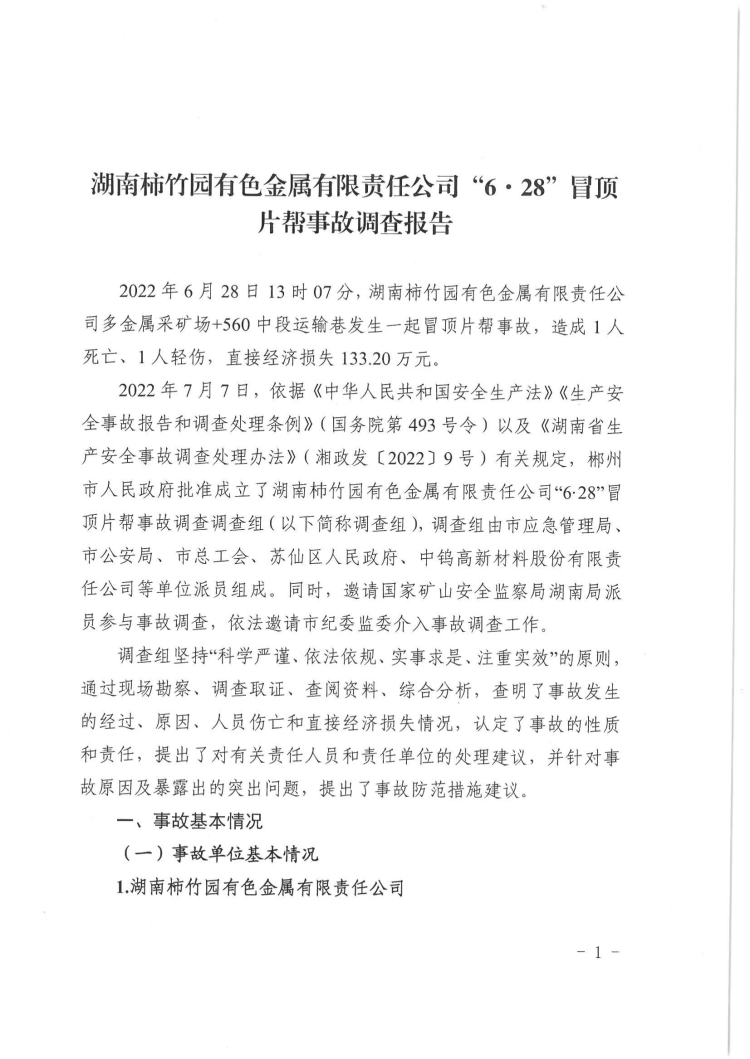 湖南柿竹園有色金屬有限責(zé)任公司“6.28”冒頂片幫事故調(diào)查報(bào)告