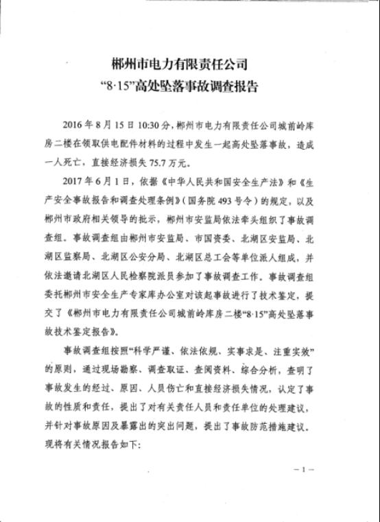 郴州市電力有限責(zé)任公司“8.15”高處墜落事故調(diào)查報告