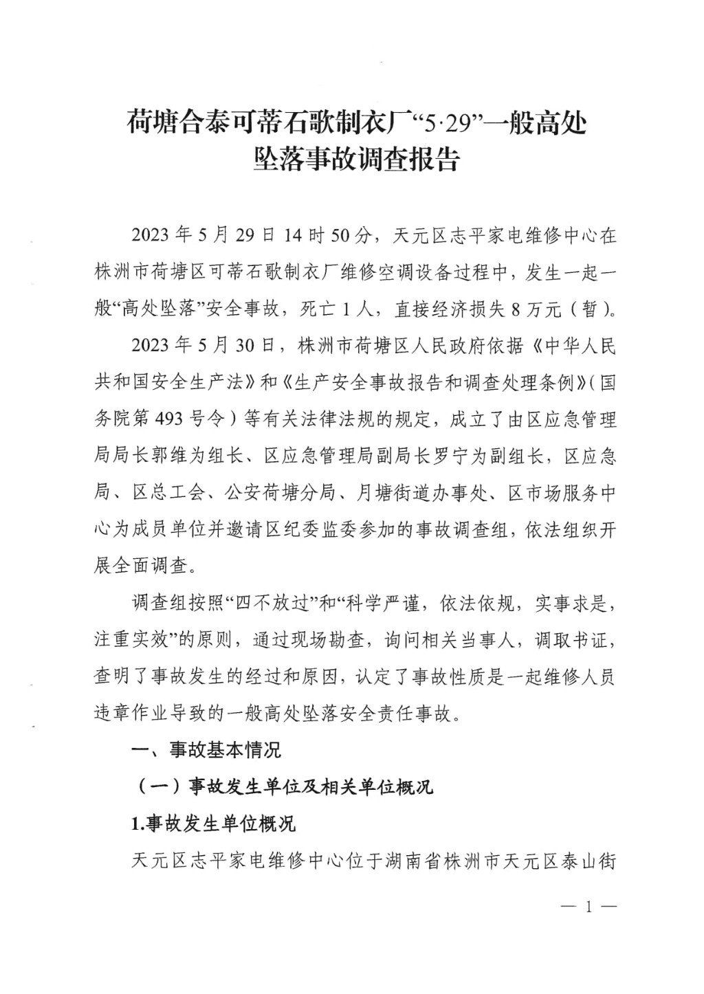 荷塘合泰可蒂石歌制衣廠“5·29”一般高處墜落事故調(diào)查報告