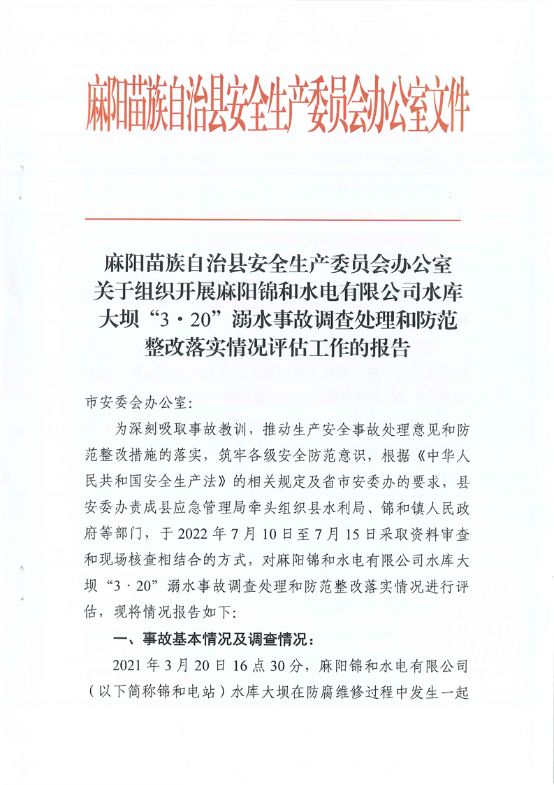 關(guān)于組織開(kāi)展麻陽(yáng)錦和水電有限公司水庫(kù)大壩“3·20”溺水事故調(diào)查處理和防范整改落實(shí)情況評(píng)估工作的報(bào)告