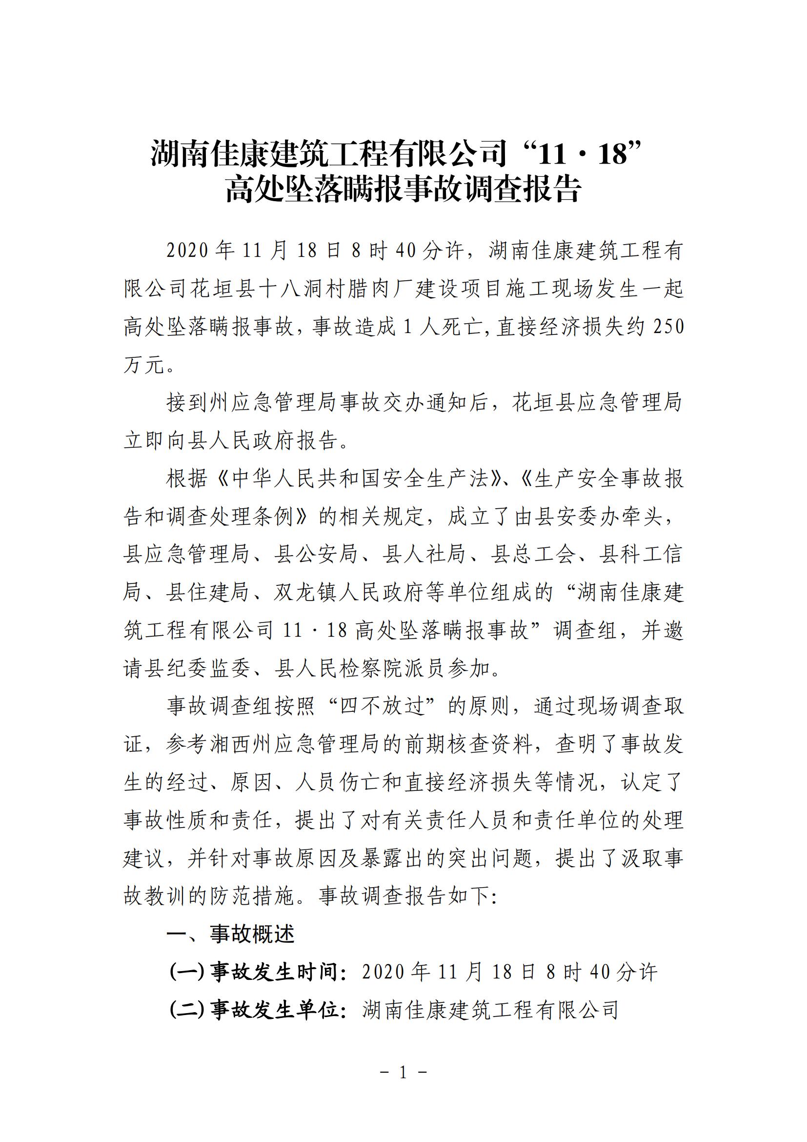 湖南佳康建筑工程有限公司“11·18”高處墜落瞞報(bào)事故調(diào)查報(bào)告