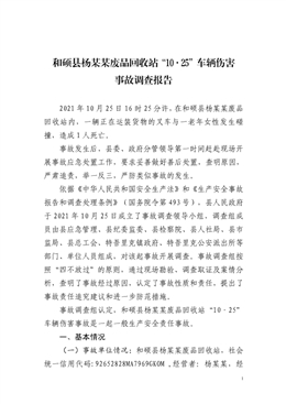 和碩縣楊某某廢品回收站“10·25”車輛傷害事故調(diào)查報告