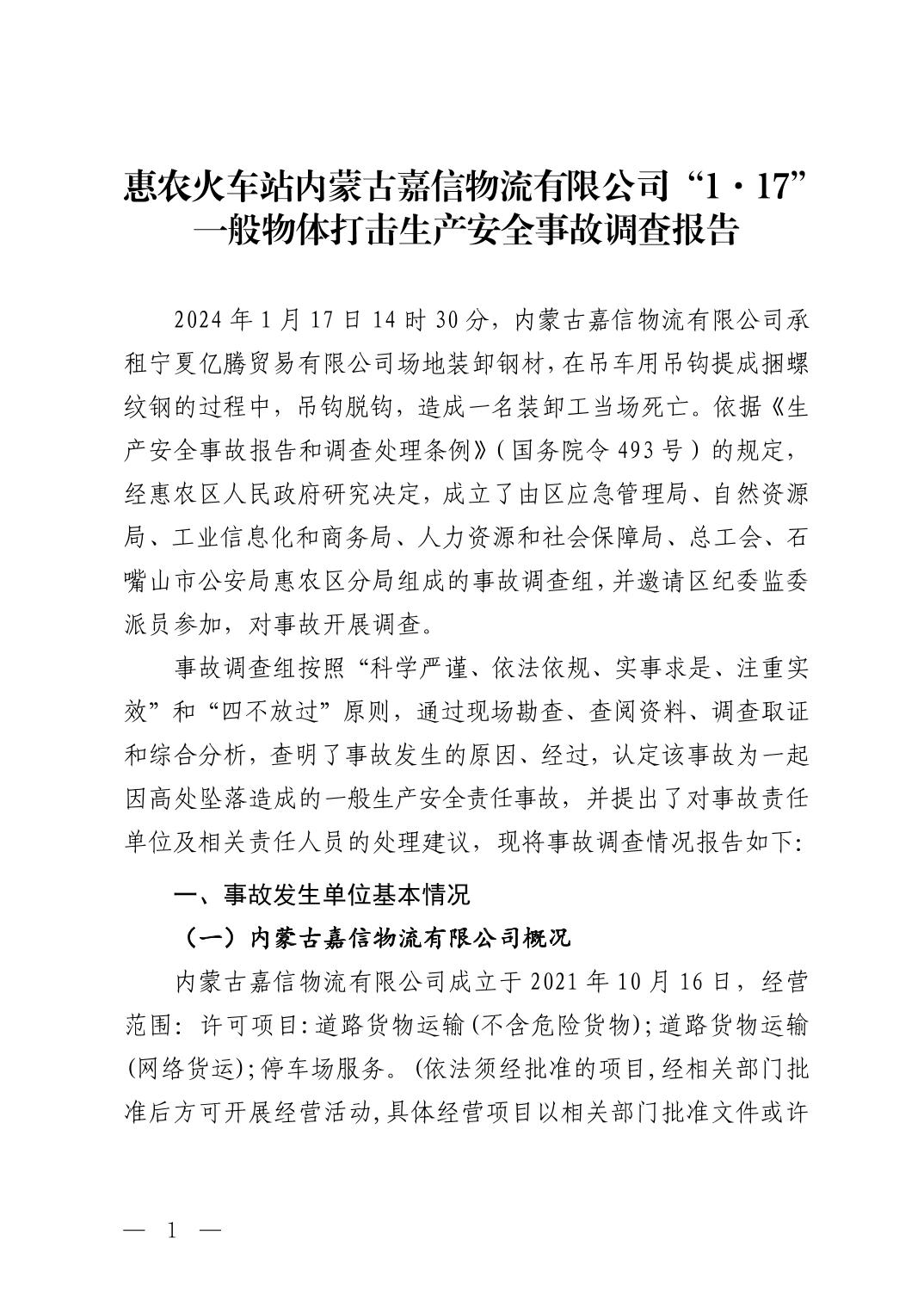 惠農(nóng)火車站內(nèi)蒙古嘉信物流有限公司“1·17”一般物體打擊生產(chǎn)安全事故調(diào)查報告