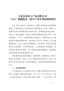 寧夏富來(lái)化工產(chǎn)品有限公司“8.28”機(jī)械傷害一般生產(chǎn)安全事故調(diào)查報(bào)告
