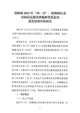 洪梅鎮(zhèn)2022年“10·23”一般物體打擊事故防范整改措施和責任追究落實情況評估報告