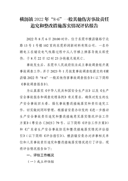 橫瀝鎮(zhèn)2022年“8·6”一般其他傷害事故責(zé)任追究和整改措施落實情況評估報告