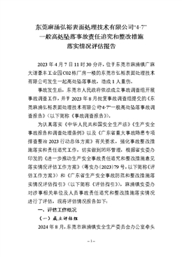 東莞麻涌弘裕表面處理技術(shù)有限公司“4·7”一般高處墜落事故責(zé)任追究和整改措施落實情況評估報告